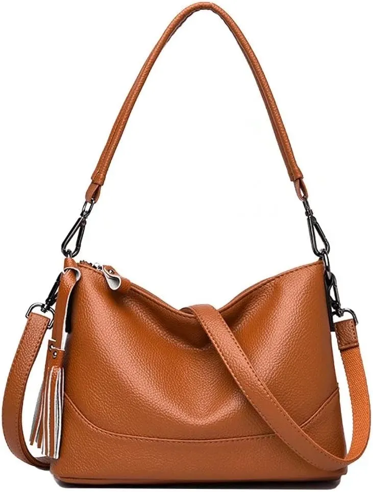 Mudono Crossbody Bag for Women Leather Shoulder Bag Tassel Satchel Retro Handbag Lightweight Purse