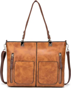 myfriday Vintage Leather Tote Bags for Women Large Capacity Zipper Top-handle Bag Ladies Satchel Bag Shoulder Handbag Purse