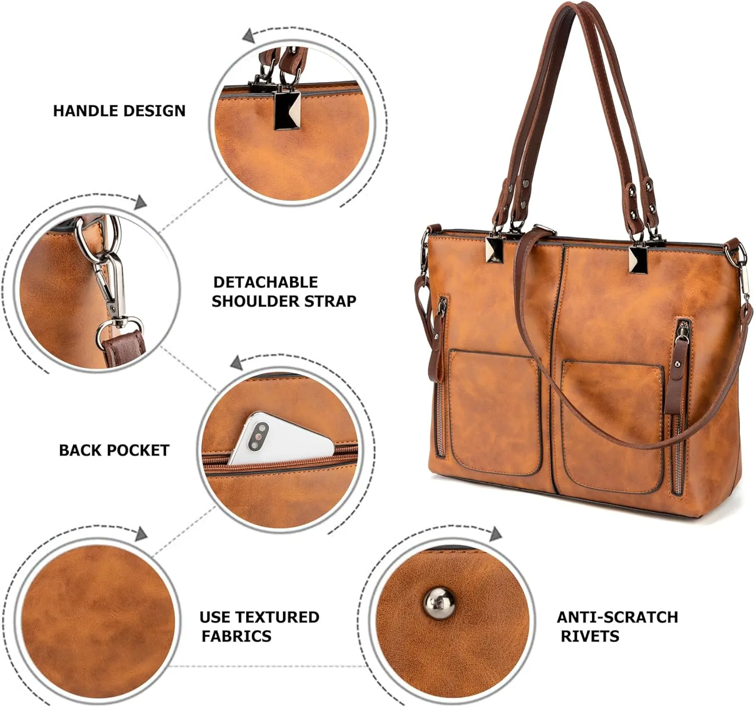 myfriday Vintage Leather Tote Bags for Women Large Capacity Zipper Top-handle Bag Ladies Satchel Bag Shoulder Handbag Purse