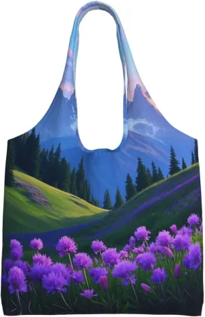 Nature Purple Flowers Meadow Mountain Scenic Print Ladies' Single Shoulder Canvas Handbag,Sturdy Cotton Handbag With Patterned Shoulder Bag