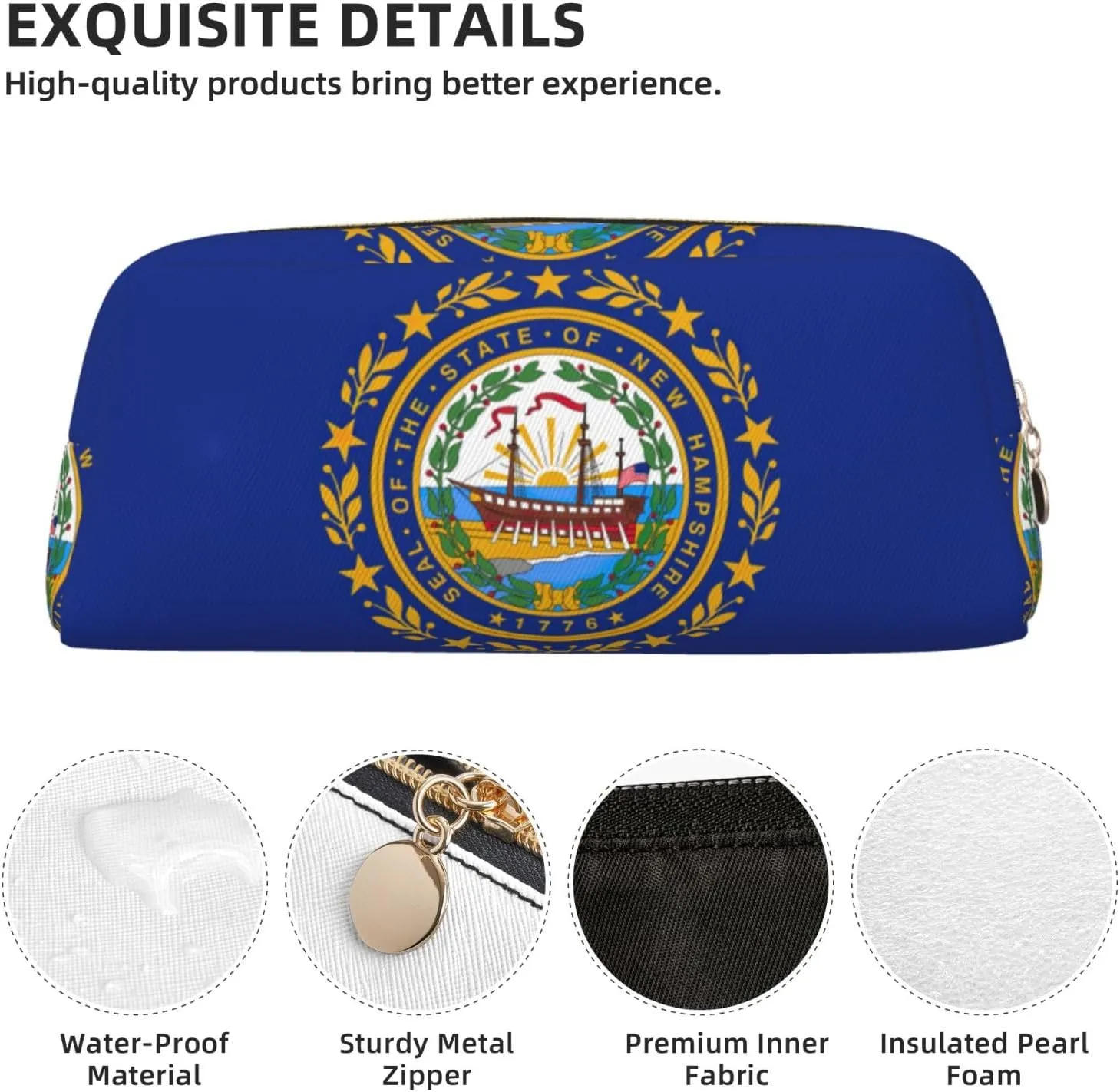 New Hampshire State Flag Print Pencil Case With Zipper, Large Capacity Pen Bag For Pencils, Leather Pouch For Travel