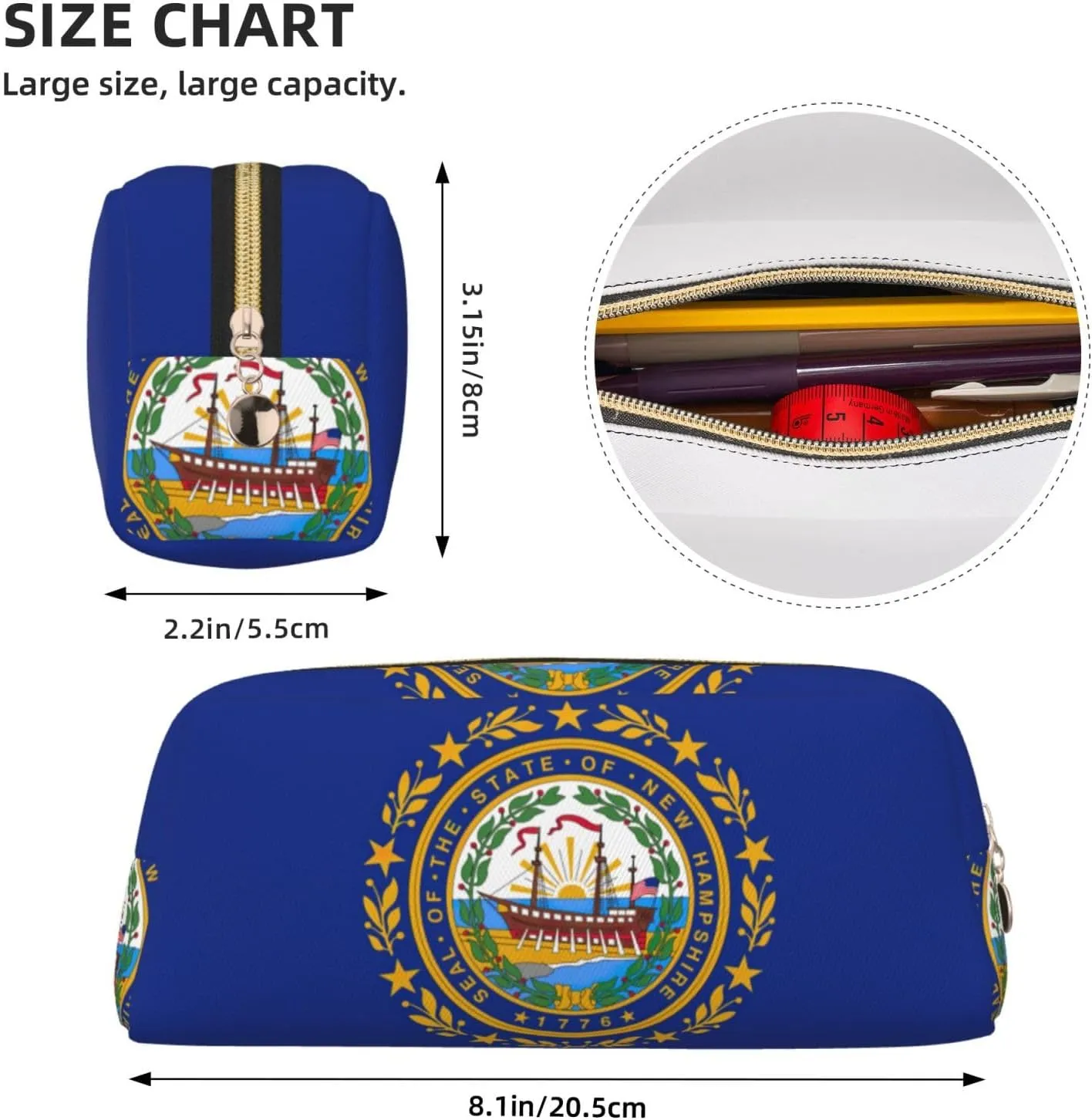 New Hampshire State Flag Print Pencil Case With Zipper, Large Capacity Pen Bag For Pencils, Leather Pouch For Travel