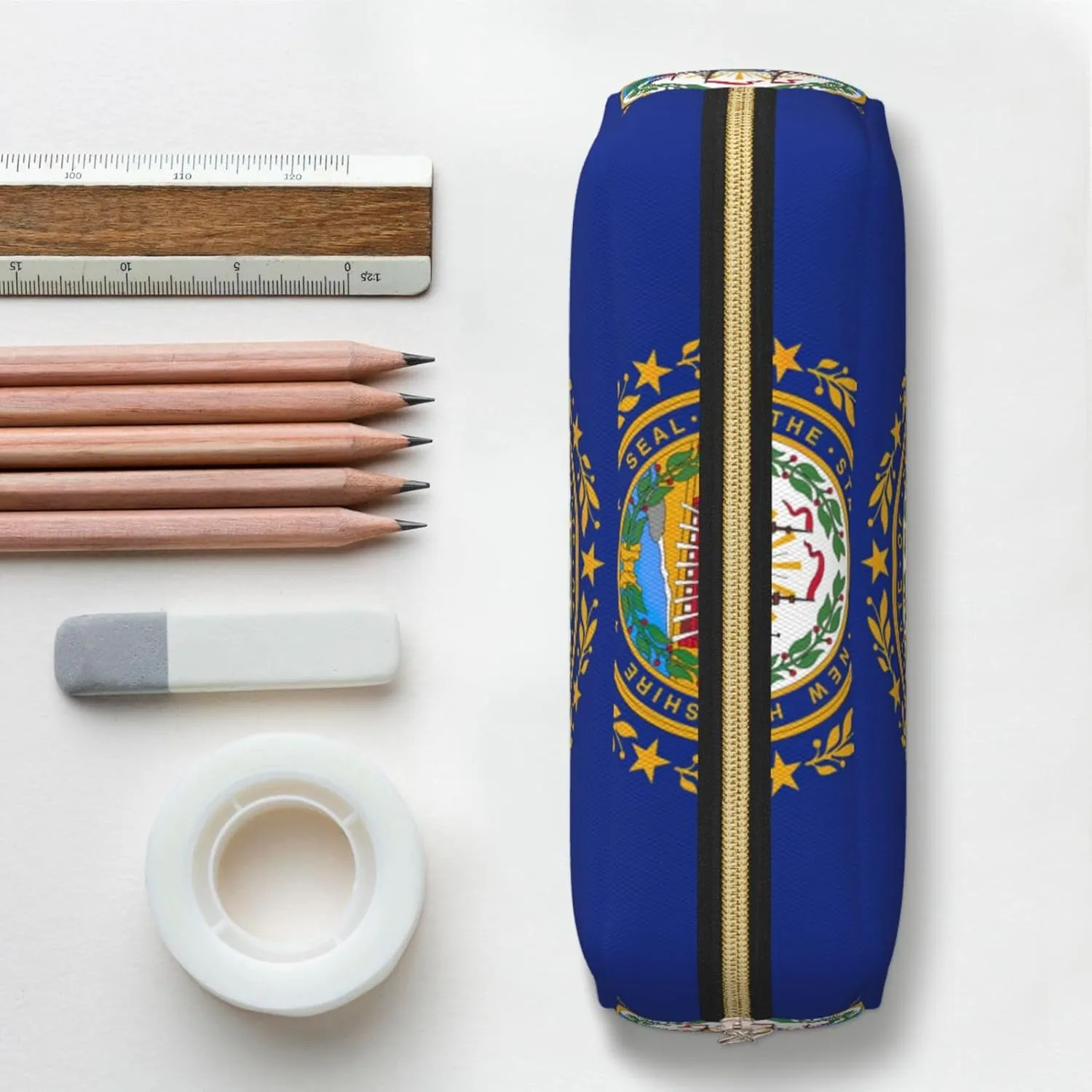 New Hampshire State Flag Print Pencil Case With Zipper, Large Capacity Pen Bag For Pencils, Leather Pouch For Travel