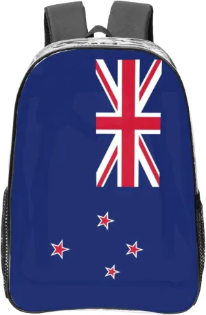 New Zealand Flag print Clear Backpack with Pockets Bookbag, Clear Bookbag for College Work Casual Sport, Black