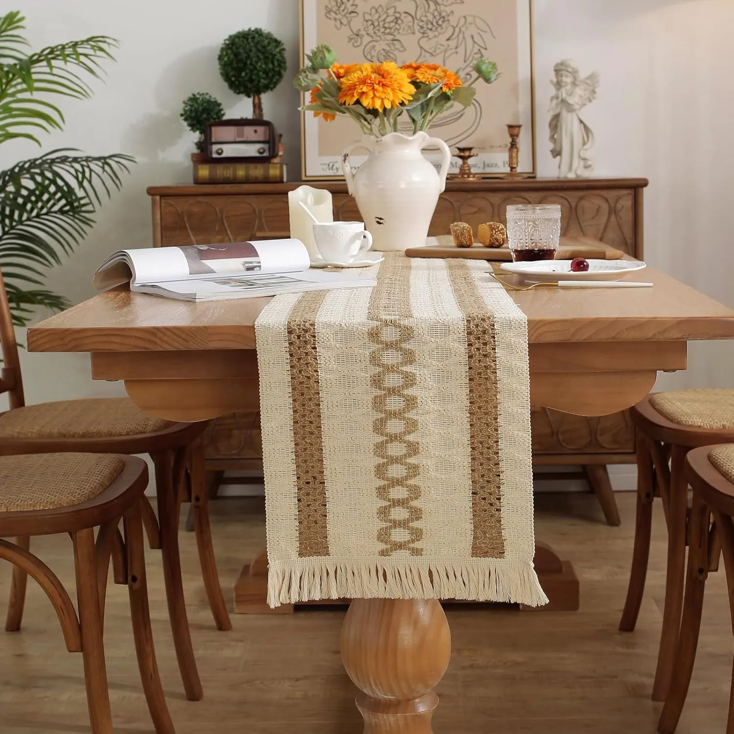 Niviy Boho Table Runner with Tassels 12 x 108 Inches Long, Cream & Brown Rustic Farmhouse Table Runner with Tassels for Home Kitchen Holiday Party and Wedding Decor Runner