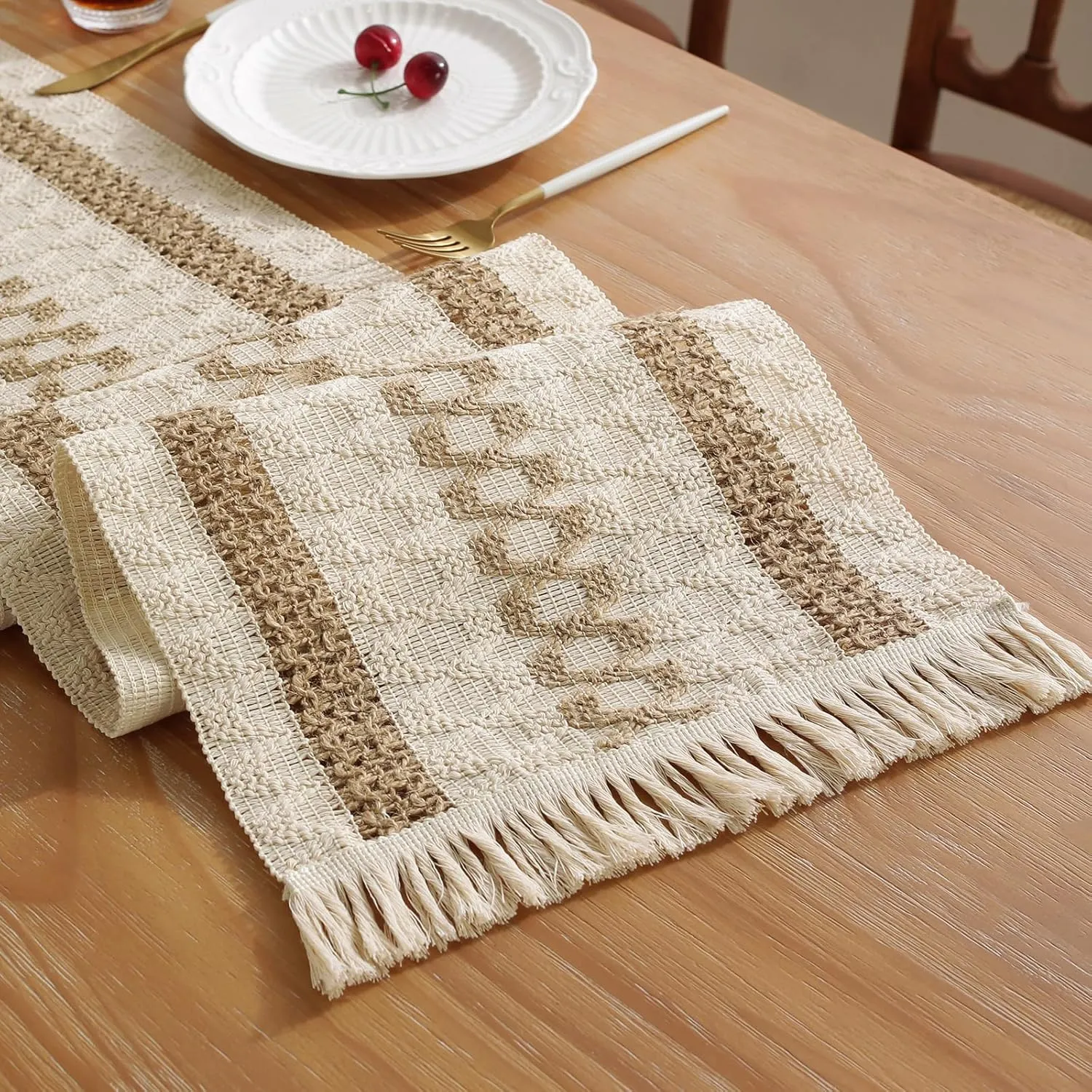 Niviy Boho Table Runner with Tassels 12 x 108 Inches Long, Cream & Brown Rustic Farmhouse Table Runner with Tassels for Home Kitchen Holiday Party and Wedding Decor Runner