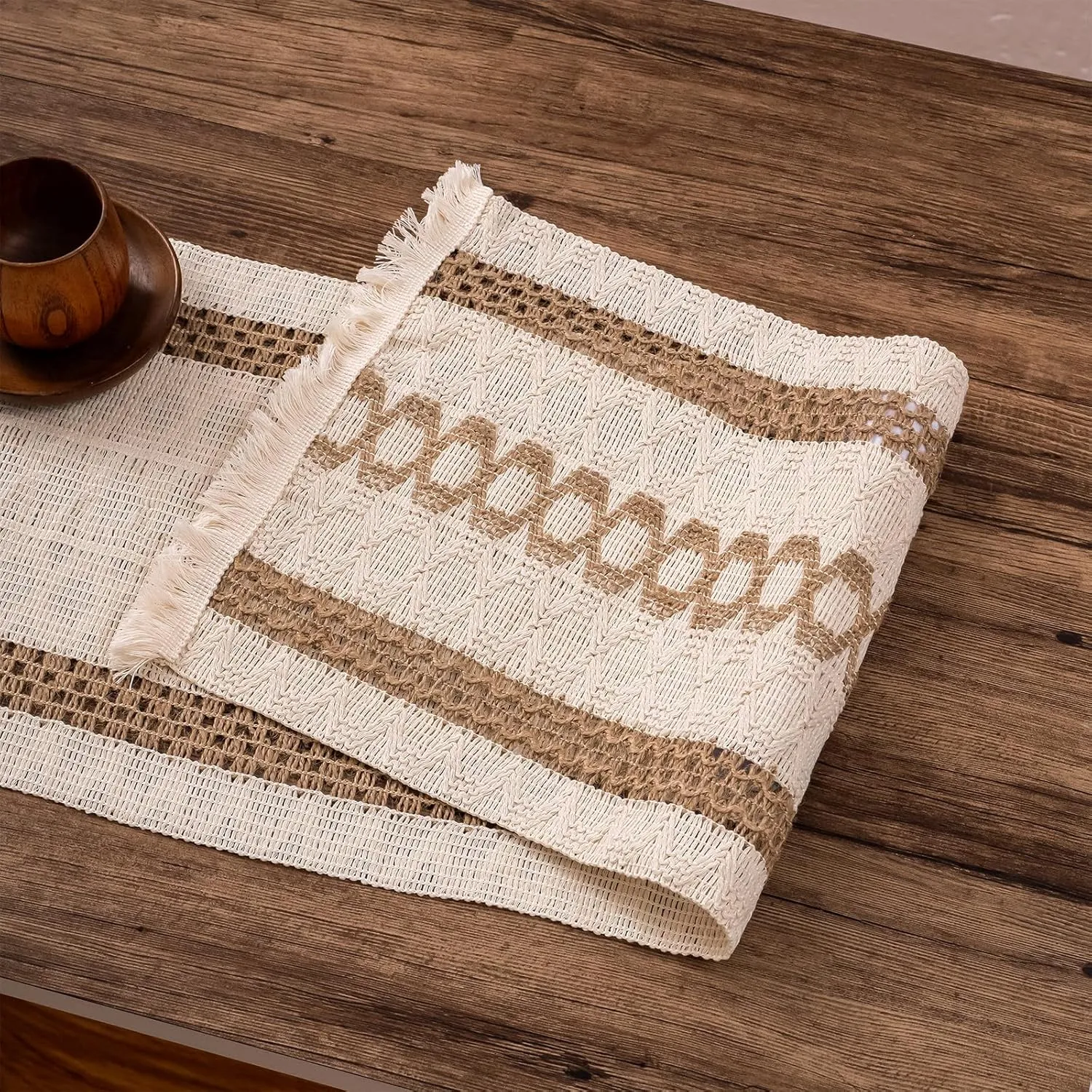 Niviy Boho Table Runner with Tassels 12 x 108 Inches Long, Cream & Brown Rustic Farmhouse Table Runner with Tassels for Home Kitchen Holiday Party and Wedding Decor Runner