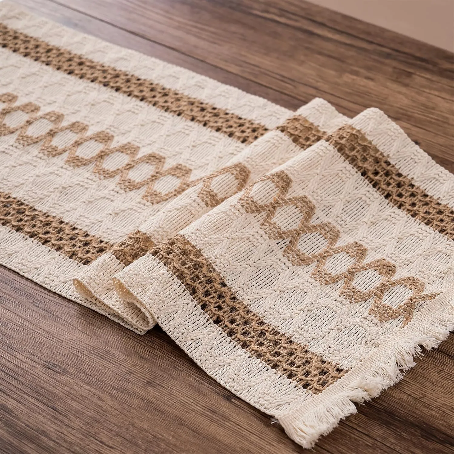 Niviy Boho Table Runner with Tassels 12 x 108 Inches Long, Cream & Brown Rustic Farmhouse Table Runner with Tassels for Home Kitchen Holiday Party and Wedding Decor Runner
