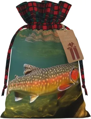 NONHAI Christmas Drawstring Gift Bags Brook Trout Fly Fishing Santa Bag Buffalo Christmas Burlap Bags with Gift Tags Upgraded Candy Gift Wrapping Bags for Christmas Presents Party Favor Goody Sack