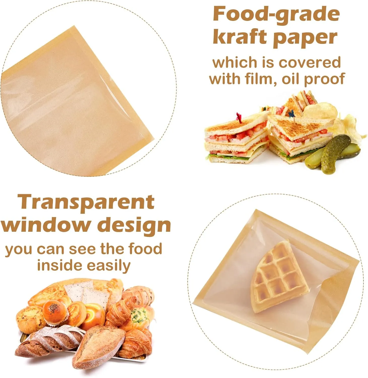 Ocmoiy 100ct Heat-Sealable Bakery Bags with Window for Egg Sandwich, Donut, Cookies Packaging, 7.1x7.5 Inches Clear Front Paper Treat bags To go, Grease-Resistant (100)