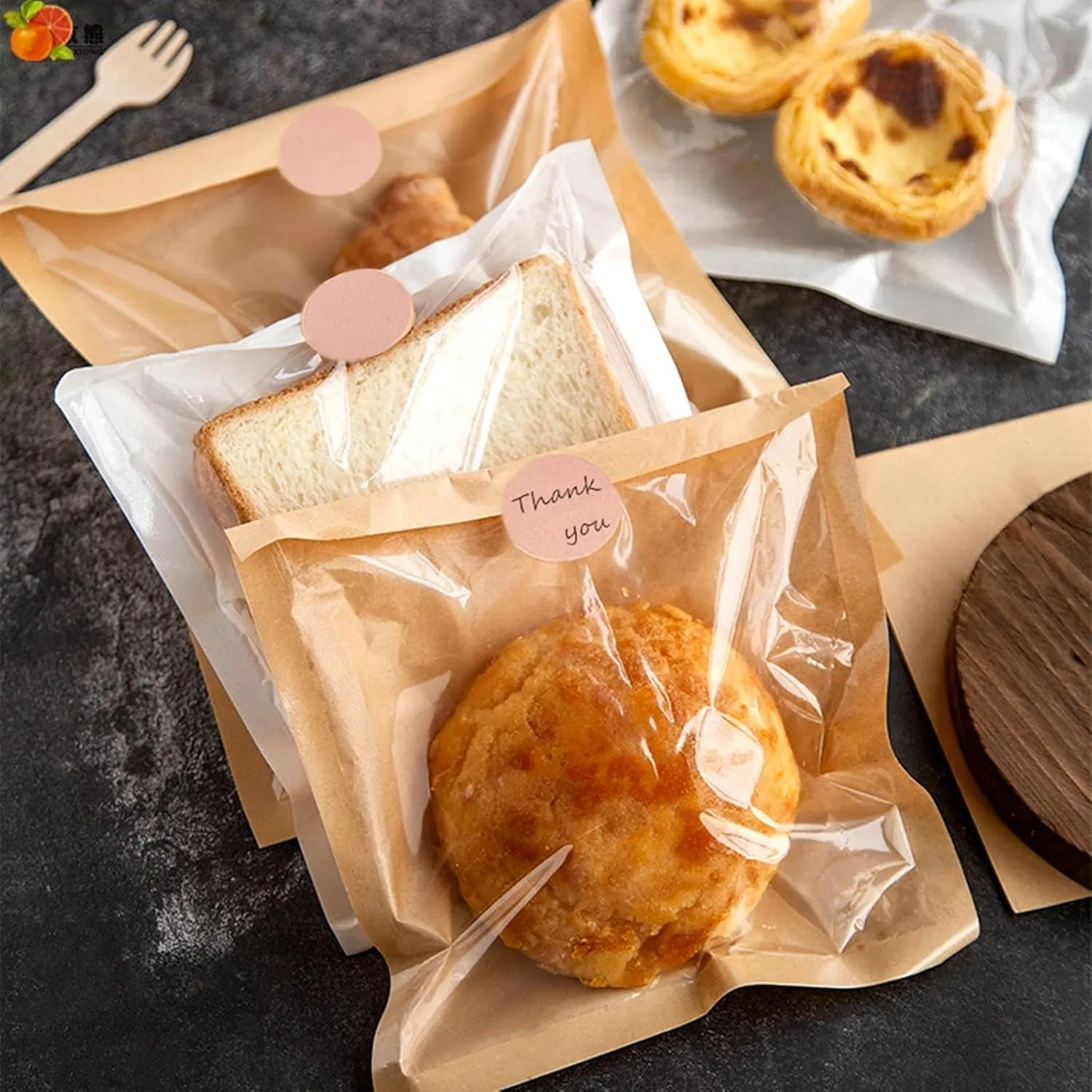 Ocmoiy 100ct Heat-Sealable Bakery Bags with Window for Egg Sandwich, Donut, Cookies Packaging, 7.1x7.5 Inches Clear Front Paper Treat bags To go, Grease-Resistant (100)