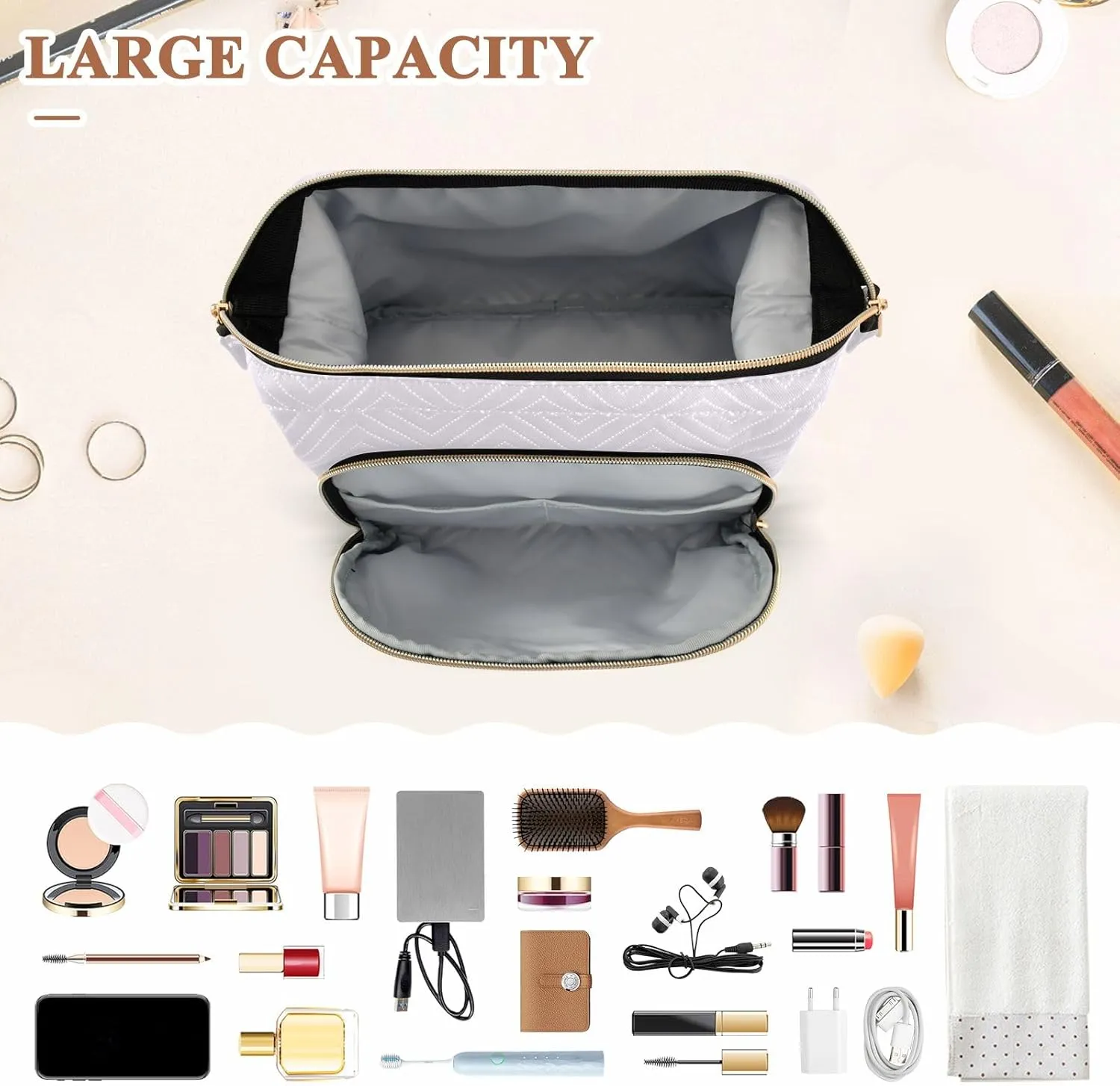 ODAWA Large Capacity Cosmetic Bags Magnolia Wide-open Pouch Purse with 9-Piece Accessory Set, Roomy Cosmetic Bag for Women and Girls