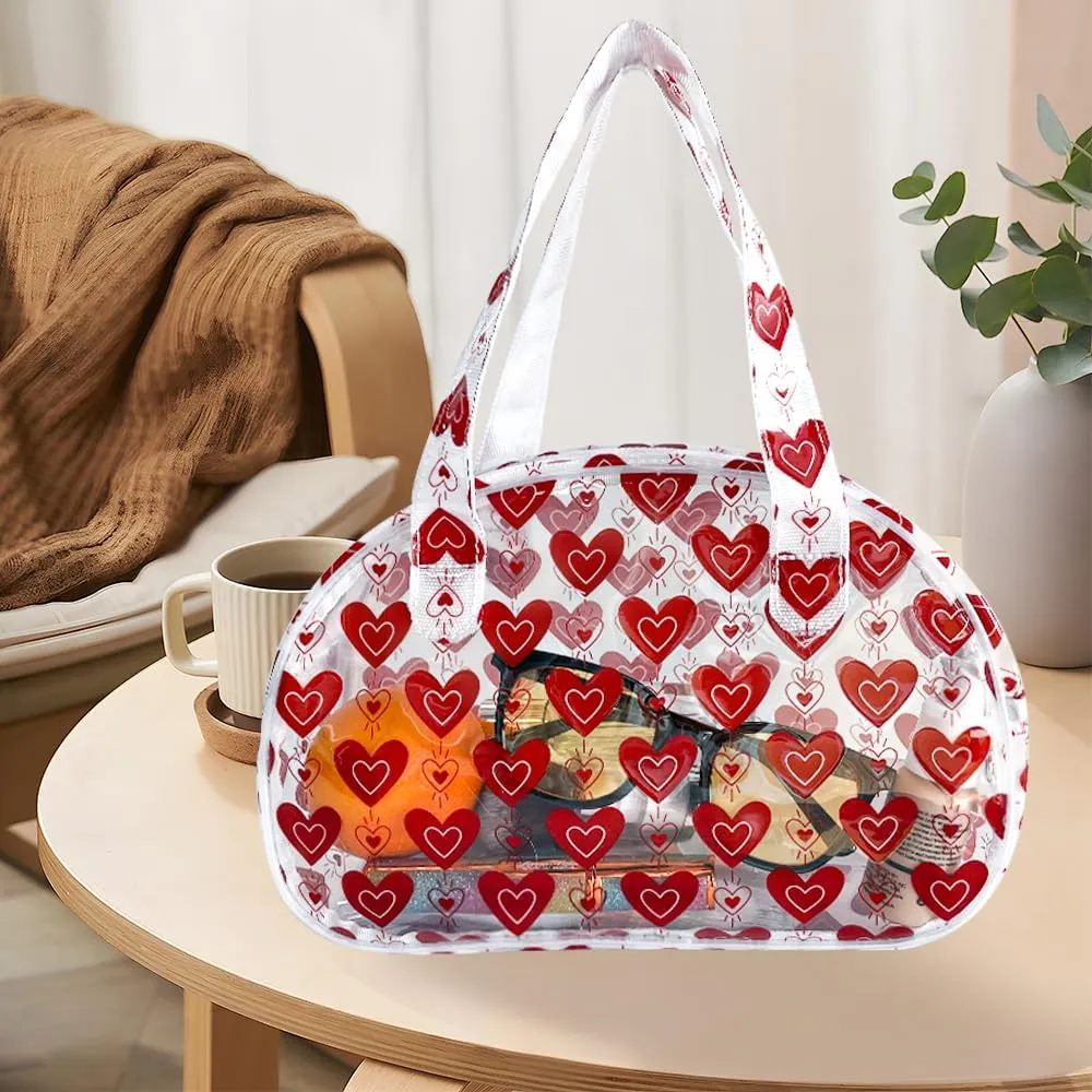 ONEART Portable Clear Makeup Bag Heart Theme Waterproof Half-moon Handbags with Zipper Cosmetic Pouch for Women Wash Bag