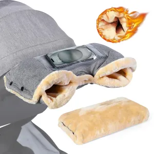 Orzbow Faux Sheepskin Gloves with Phone Pockets, Winter Extra Thick Mittens for Baby Stroller, Cozy & Warm, Anti-Freeze Hand Muff Easily Attaches to Stroller for Parents & Caregivers, Gray