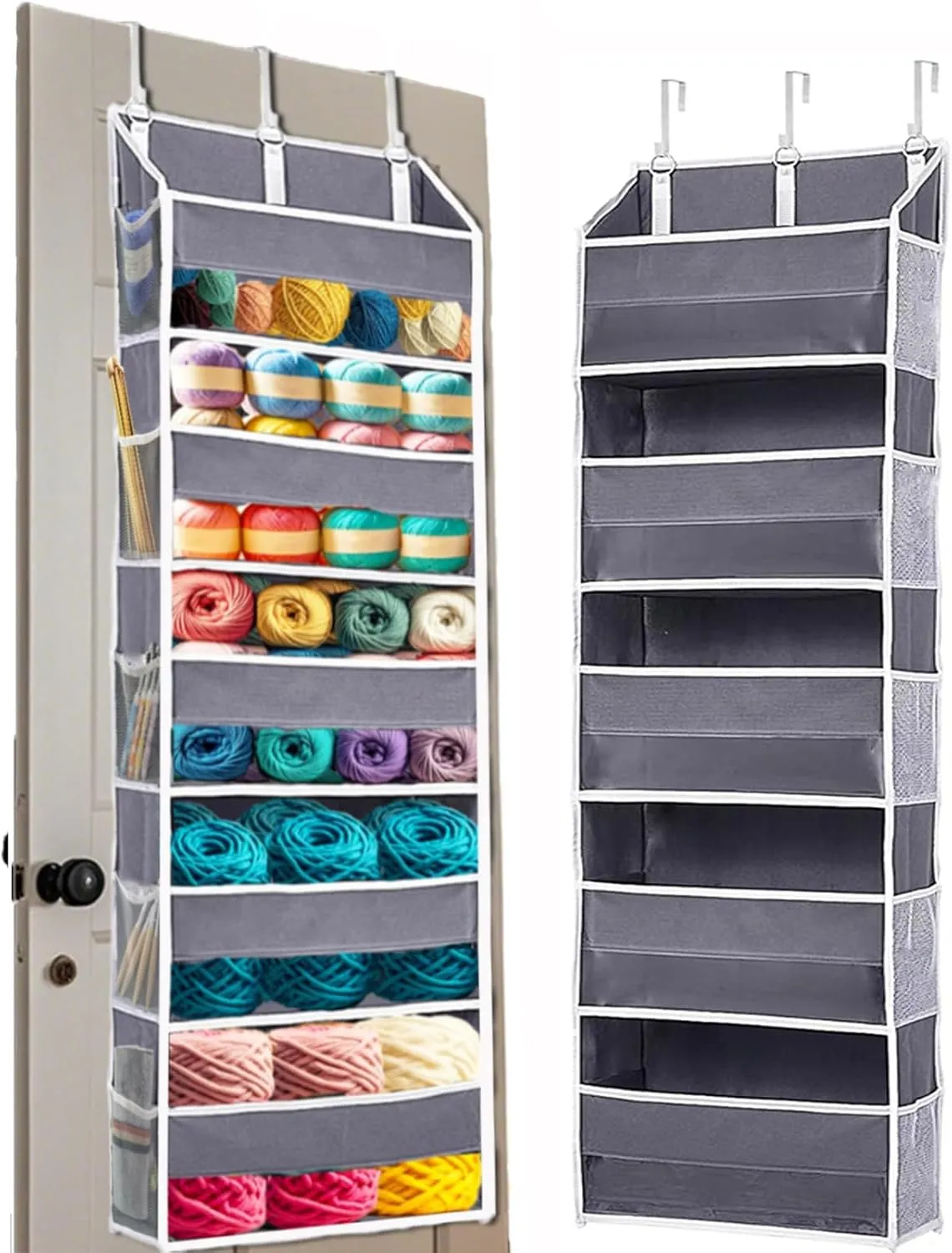 Over Door Yarn Storage Organizer,Large Capacity Yarn Storage Bag with 5 Yarn Balls Storage Pockets & 10 mesh side pockets are available to store Crochet Accessories & Knitting Supplies