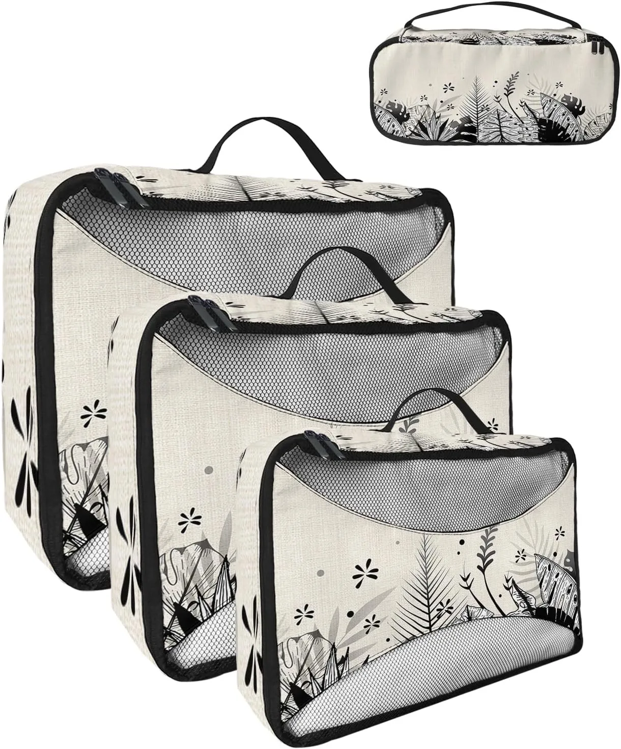 Packing Cubes for Travel, 4 Set Travel Packing Organized Cubes Abstract Plants Leaves Pattrern Black and White Linen Texture Waterproof Luggage Organizer Travel Accessories for Carry On Suitcases