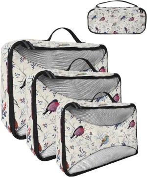 Packing Cubes for Travel, 4 Set Travel Packing Organized Cubes Christmas Robin Bird Berries Leaves Waterproof Luggage Organizer with Laundry Bag Shoe Bag Travel Accessories for Carry On Suitcases