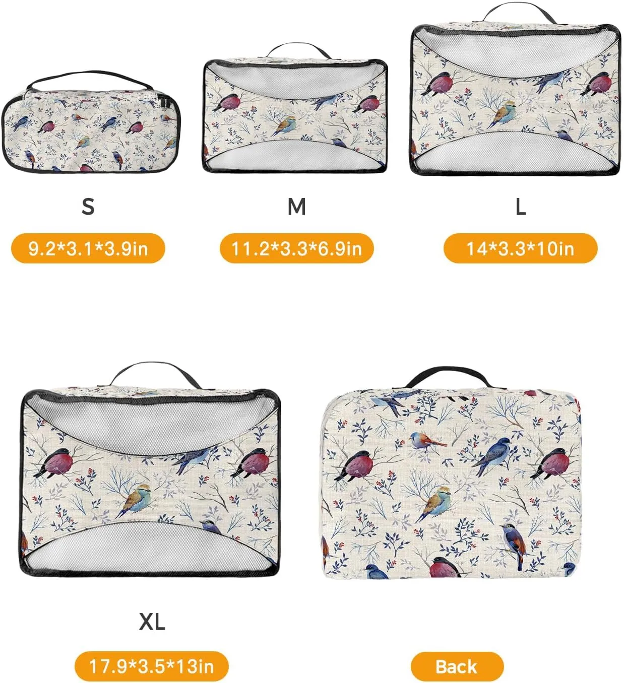 Packing Cubes for Travel, 4 Set Travel Packing Organized Cubes Christmas Robin Bird Berries Leaves Waterproof Luggage Organizer with Laundry Bag Shoe Bag Travel Accessories for Carry On Suitcases