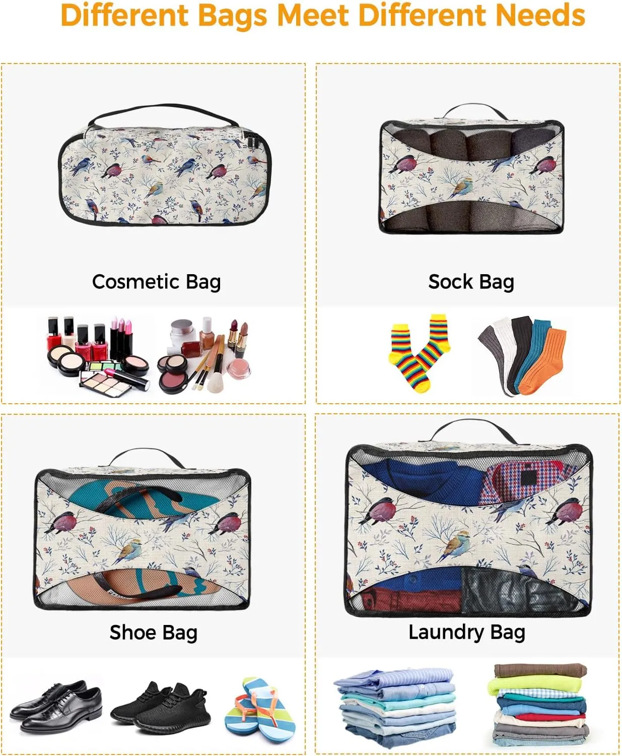 Packing Cubes for Travel, 4 Set Travel Packing Organized Cubes Christmas Robin Bird Berries Leaves Waterproof Luggage Organizer with Laundry Bag Shoe Bag Travel Accessories for Carry On Suitcases