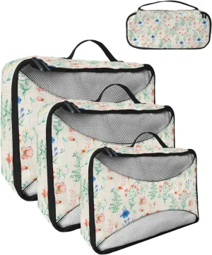 Packing Cubes for Travel, 4 Set Travel Packing Organized Cubes Floral Plants Leaves Watercolor Style Linen Texture Waterproof Luggage Organizer Laundry Bag Travel Accessories for Carry On Suitcases