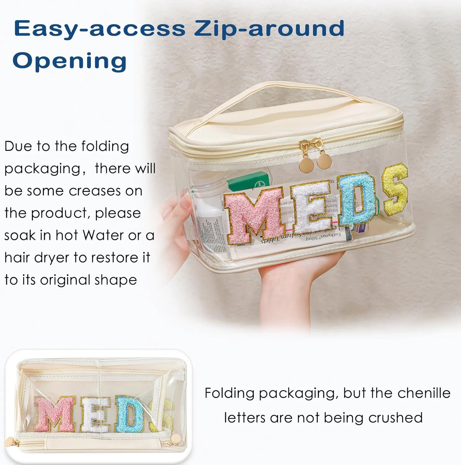 Personalized Chenille Letter Clear Hair Makeup Bag, Large Size Waterproof Nylon Cosmetic Toiletry Storage bag with Top Handle, Transparent Meds Hair Travel Organizer Cosmetic Bag(07Hair-Beige)