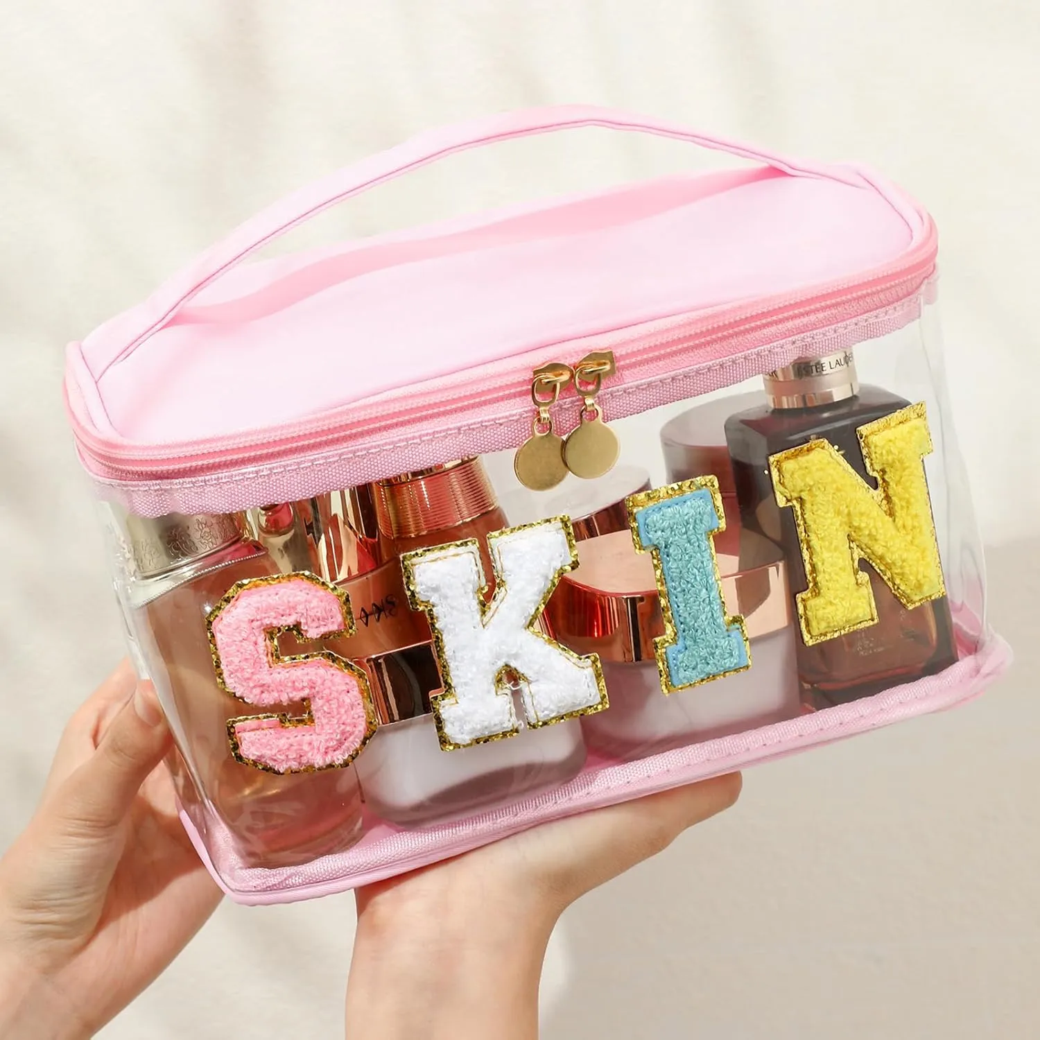 Personalized Chenille Letter Clear Hair Makeup Bag, Large Size Waterproof Nylon Cosmetic Toiletry Storage bag with Top Handle, Transparent Meds Hair Travel Organizer Cosmetic Bag(07Hair-Beige)