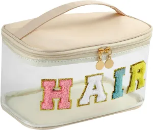 Personalized Chenille Letter Clear Hair Makeup Bag, Large Size Waterproof Nylon Cosmetic Toiletry Storage bag with Top Handle, Transparent Meds Hair Travel Organizer Cosmetic Bag(07Hair-Beige)