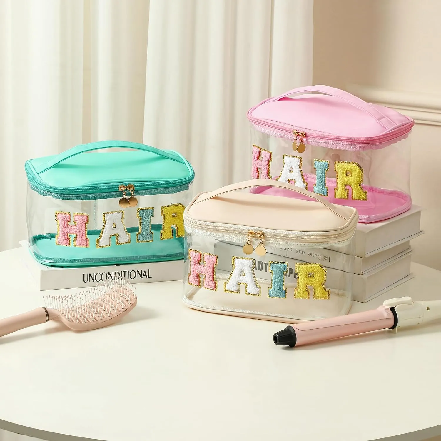 Personalized Chenille Letter Clear Hair Makeup Bag, Large Size Waterproof Nylon Cosmetic Toiletry Storage bag with Top Handle, Transparent Meds Hair Travel Organizer Cosmetic Bag(07Hair-Beige)