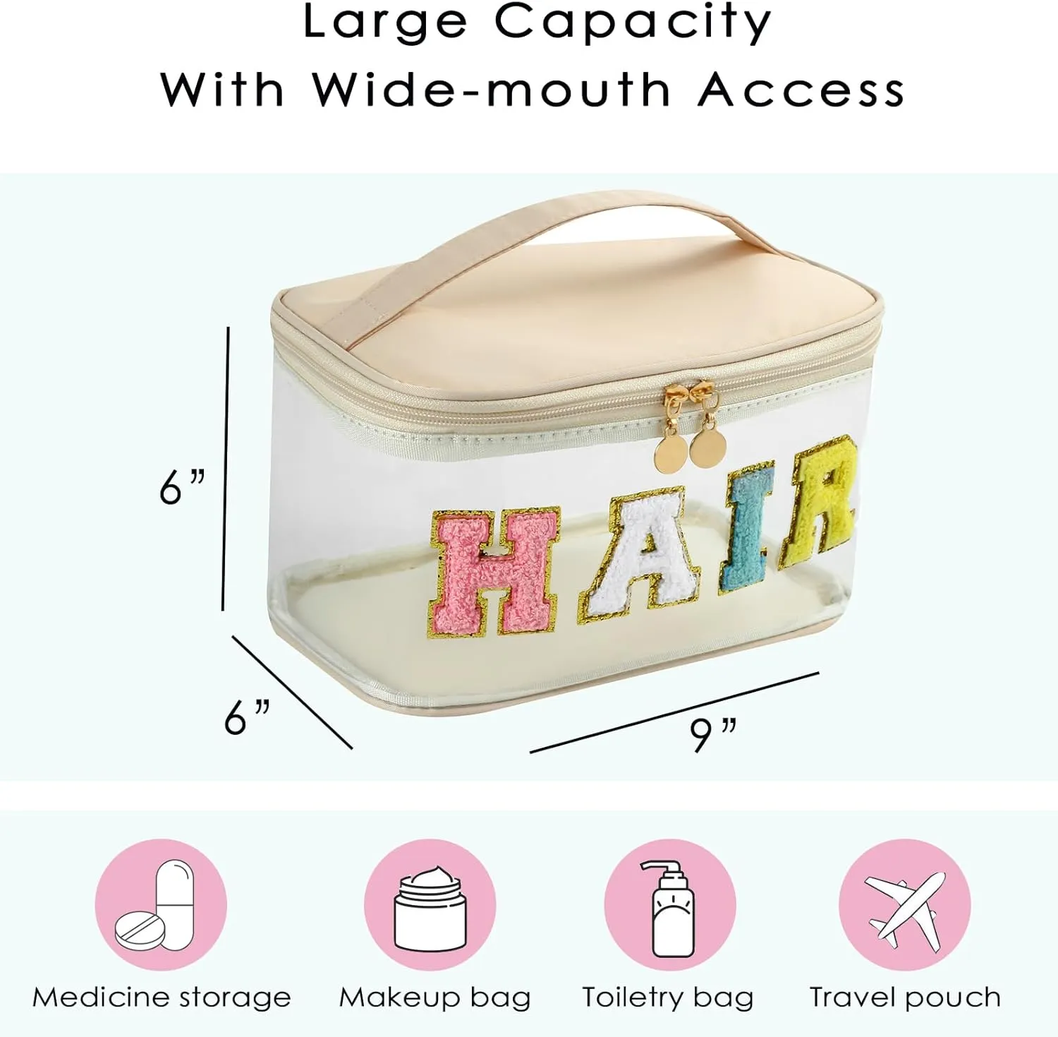 Personalized Chenille Letter Clear Hair Makeup Bag, Large Size Waterproof Nylon Cosmetic Toiletry Storage bag with Top Handle, Transparent Meds Hair Travel Organizer Cosmetic Bag(07Hair-Beige)