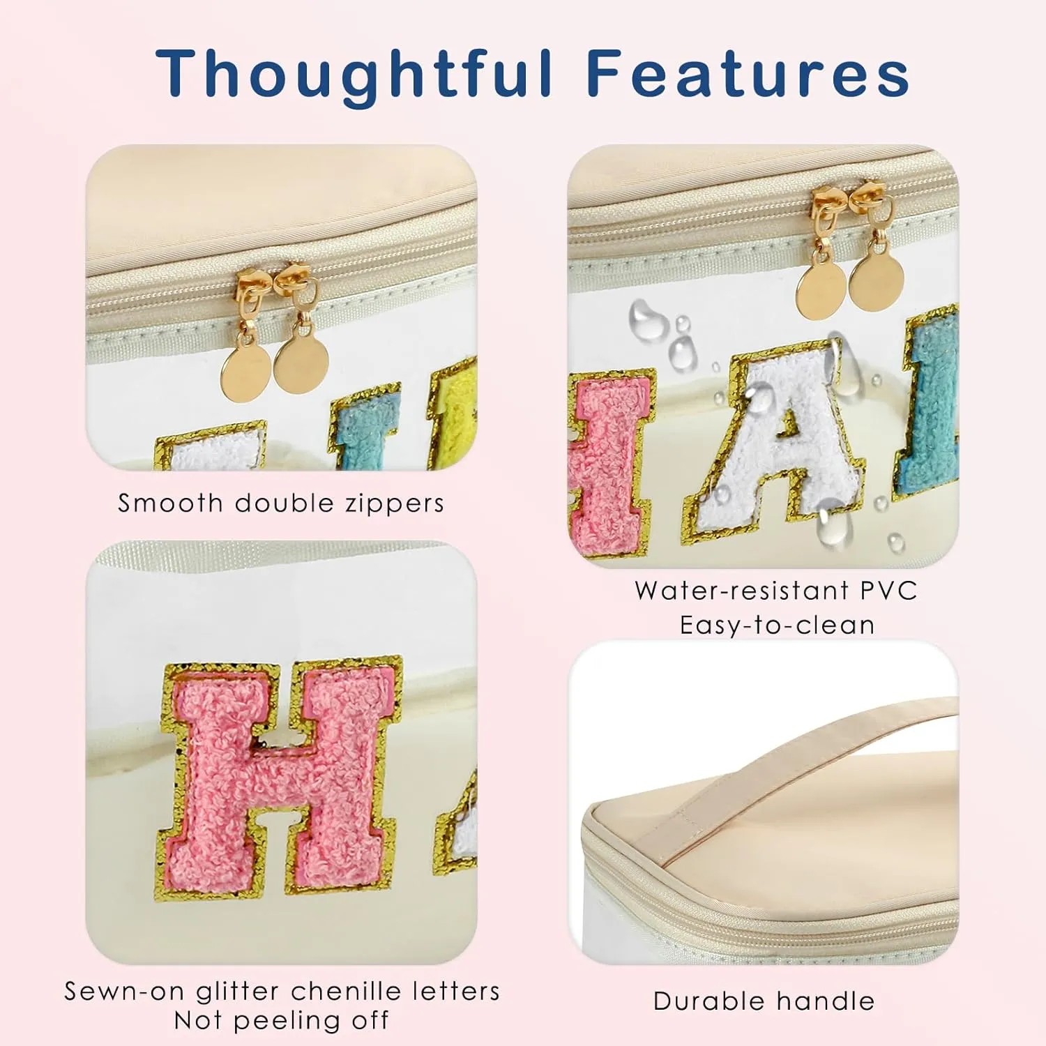 Personalized Chenille Letter Clear Hair Makeup Bag, Large Size Waterproof Nylon Cosmetic Toiletry Storage bag with Top Handle, Transparent Meds Hair Travel Organizer Cosmetic Bag(07Hair-Beige)