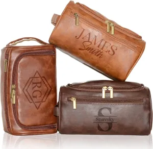 Personalized Leather Toiletry Bag for Men, Engrave Your Name Initials, Customized Travel Shaving Dopp Kit Bag for Groomsmen Best Man, Gift for Father's Day, Wedding, Birthday, Husband, Grandpa, Lover