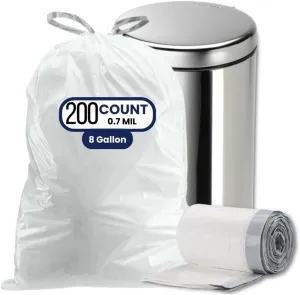 Plasticplace 8 Gallon Trash Bags - 0.7 Mil White Drawstring Garbage Can Liners - 200 Count - Leak-Resistant and Tear-Proof for Kitchen, Bathroom, Office, and Small Trash Cans