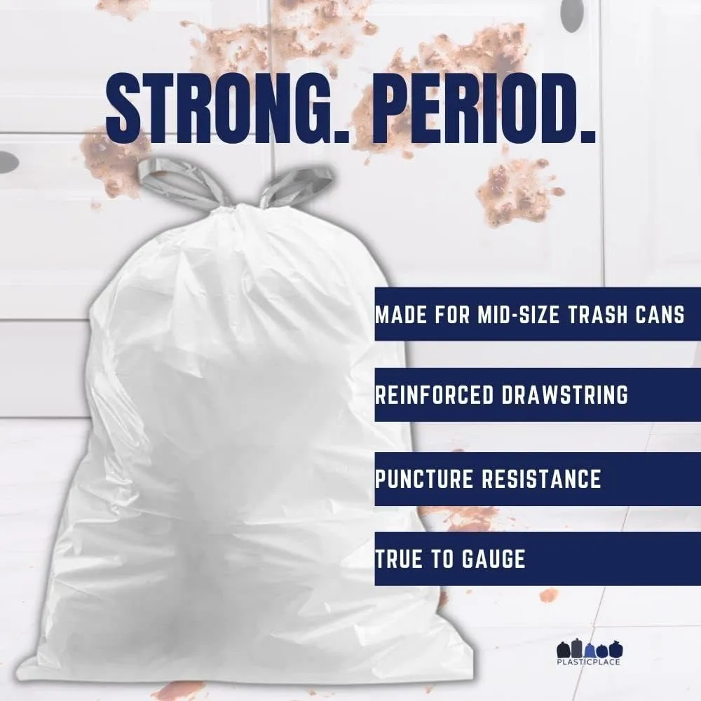 Plasticplace 8 Gallon Trash Bags - 0.7 Mil White Drawstring Garbage Can Liners - 200 Count - Leak-Resistant and Tear-Proof for Kitchen, Bathroom, Office, and Small Trash Cans