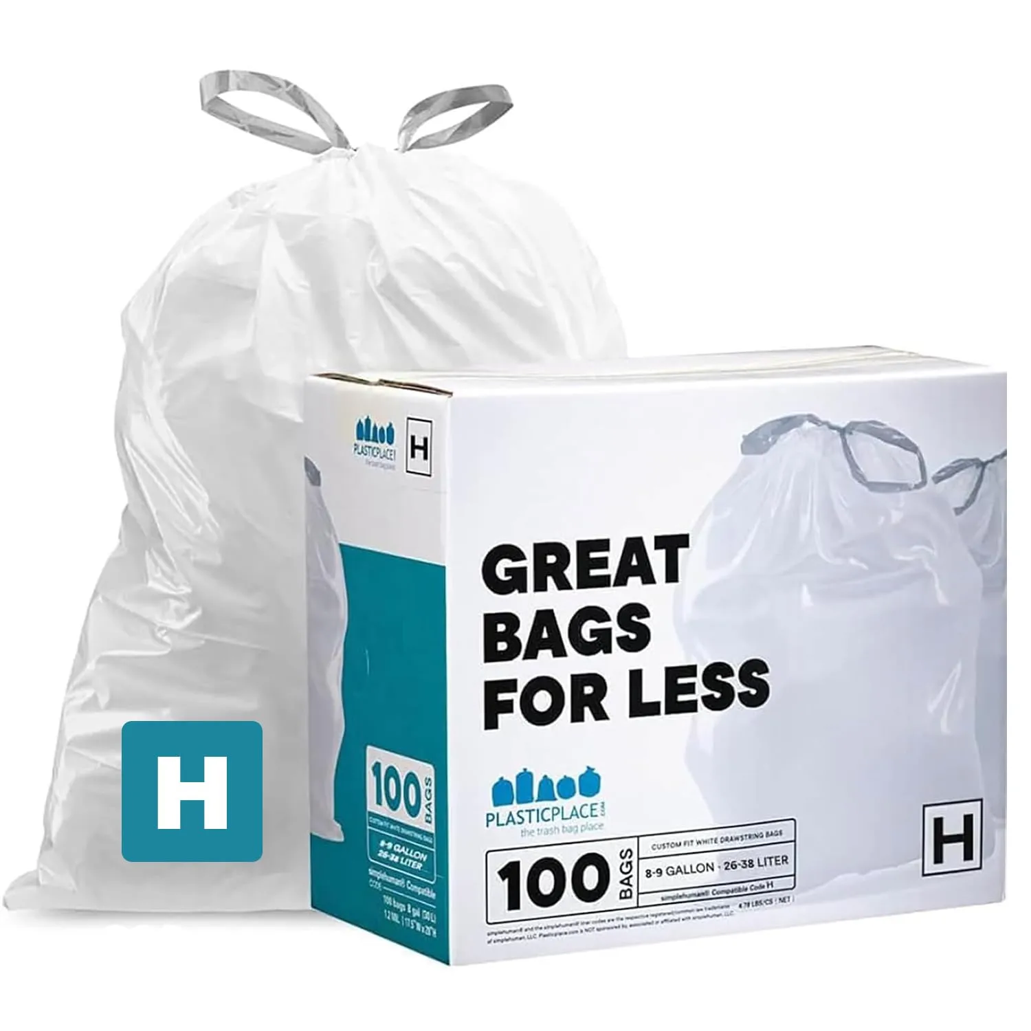 Plasticplace Trash Bags, Compatible with simplehuman Code H Garbage Bags, 8-9 Gallon Trash Can Liners, (100 Count), 18.5"x28" White Drawstring