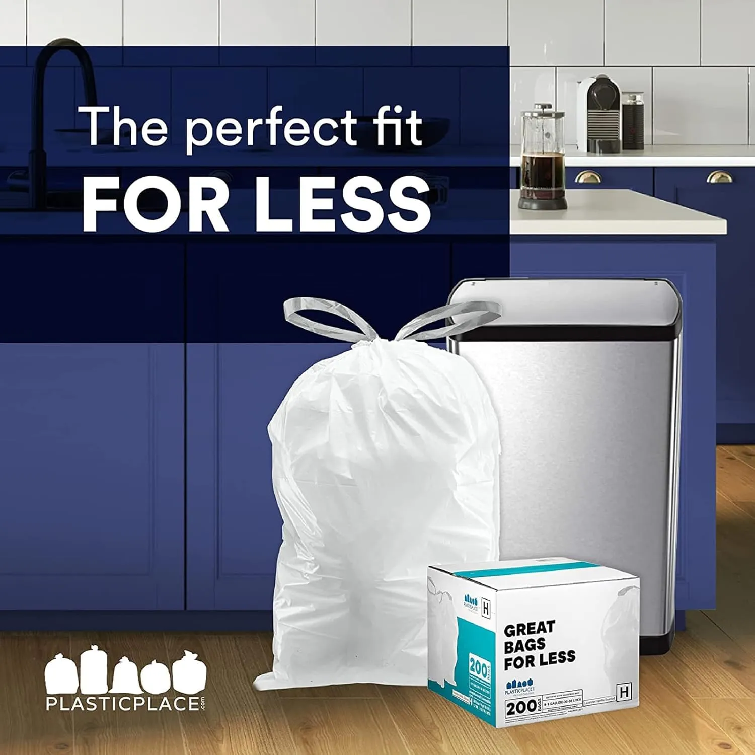 Plasticplace Trash Bags, Compatible with simplehuman Code H Garbage Bags, 8-9 Gallon Trash Can Liners, (100 Count), 18.5"x28" White Drawstring