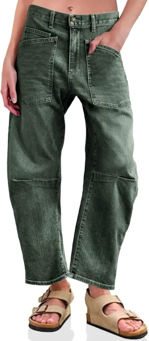 PLNOTME Womens Baggy Barrel Jeans Boyfriend High Waisted Wide Leg Cropped Ankle Denim Pants