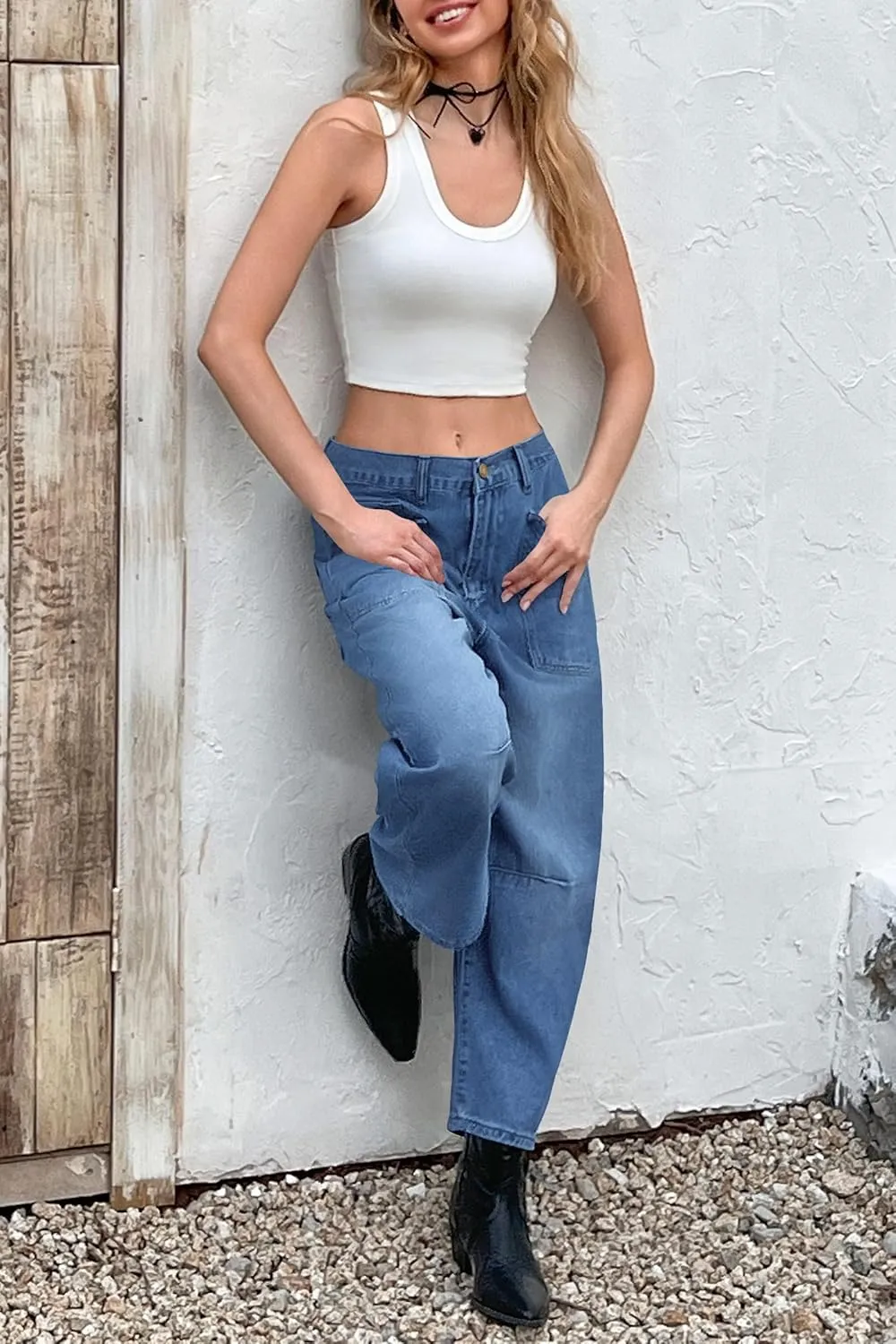 PLNOTME Womens Baggy Barrel Jeans Boyfriend High Waisted Wide Leg Cropped Ankle Denim Pants