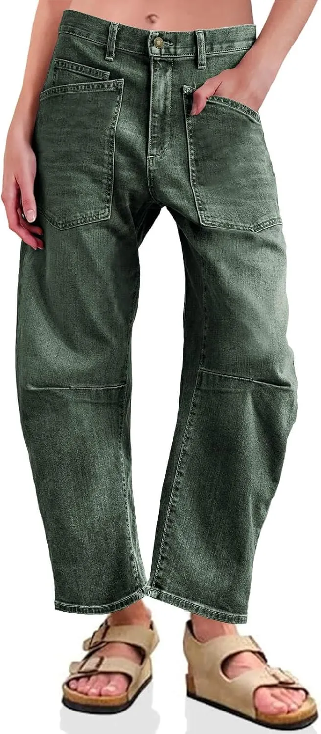 PLNOTME Womens Baggy Barrel Jeans Boyfriend High Waisted Wide Leg Cropped Ankle Denim Pants