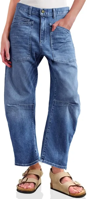 PLNOTME Womens Baggy Barrel Jeans Boyfriend High Waisted Wide Leg Cropped Ankle Denim Pants