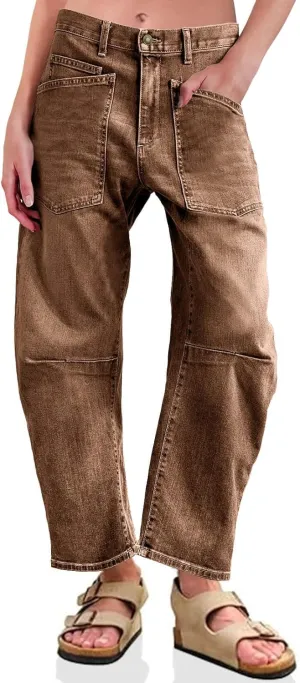 PLNOTME Womens Baggy Barrel Jeans Boyfriend High Waisted Wide Leg Cropped Ankle Denim Pants
