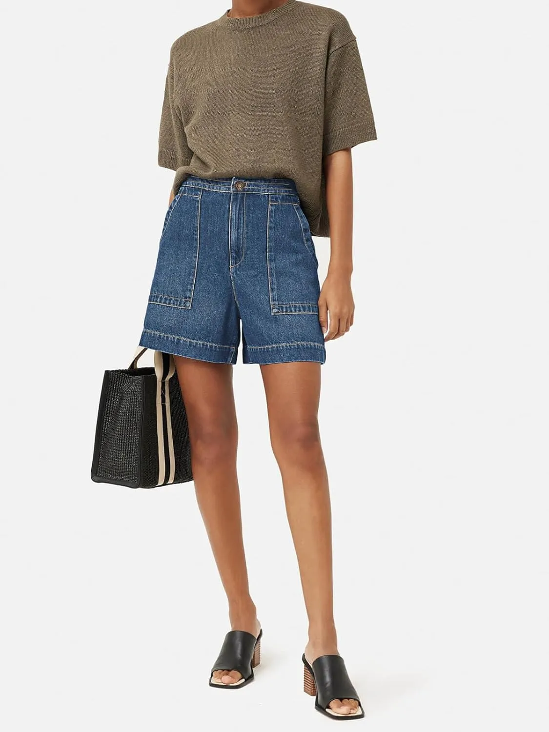PLNOTME Women's Casual Jean Shorts High Waisted Denim Shorts Wide Leg Summer Shorts with Pockets