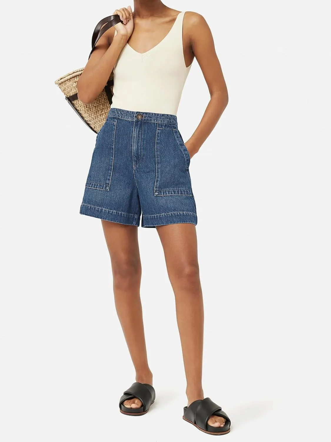 PLNOTME Women's Casual Jean Shorts High Waisted Denim Shorts Wide Leg Summer Shorts with Pockets