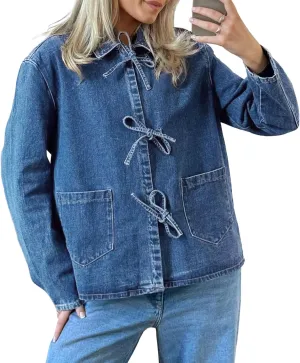 PLNOTME Womens Jean Jacket Tie Front Denim Shacket Tops Fall Fashion Long Sleeve Shirts Coat with Pockets