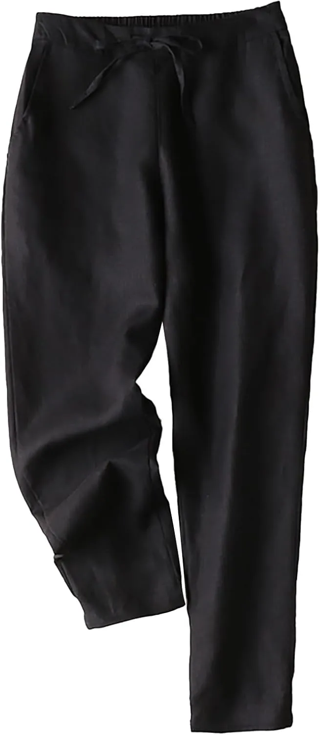 Plus Size Linen Pants Striped Linen Pants High Waist Loose Slit Cropped Pants with Pockets Linen Outfit Women Summer