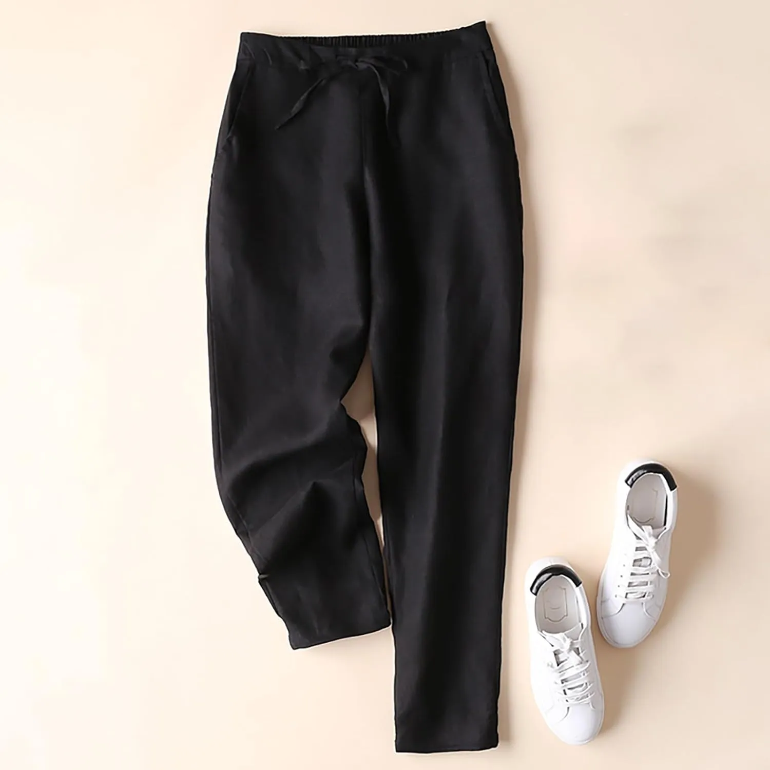 Plus Size Linen Pants Striped Linen Pants High Waist Loose Slit Cropped Pants with Pockets Linen Outfit Women Summer