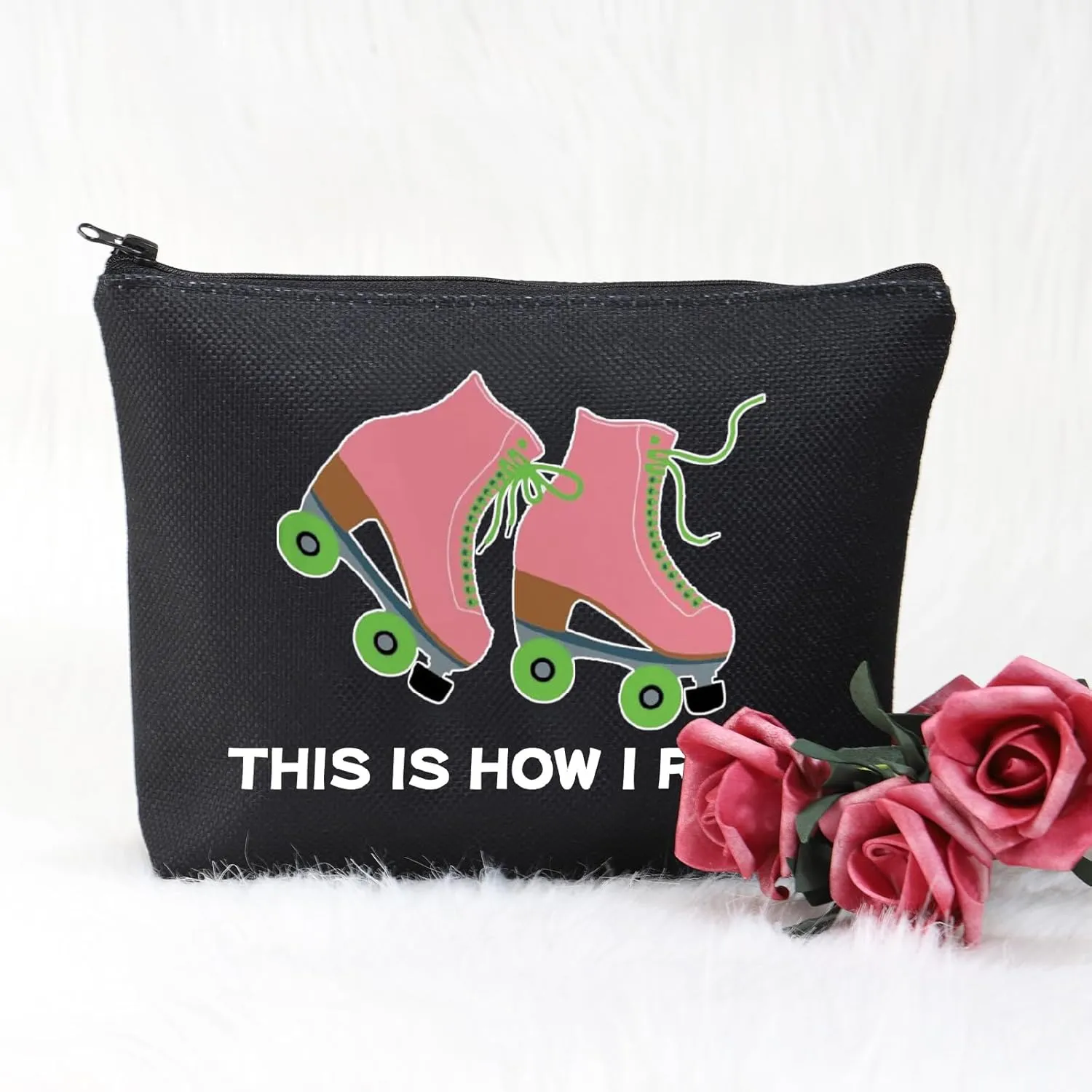 POFULL Roller Skater Gift Roller Skating Lover Makeup Bag This Is How I Roll Cosmetic Bag (Black Roller Skater Bag)