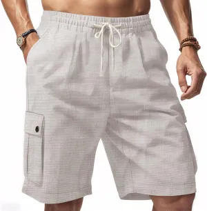 PORCLAY Linen Shorts for Men Solid Color Lightweight Cargo Shorts Elastic Waist Drawstring Beach Pants with Multi Pockets