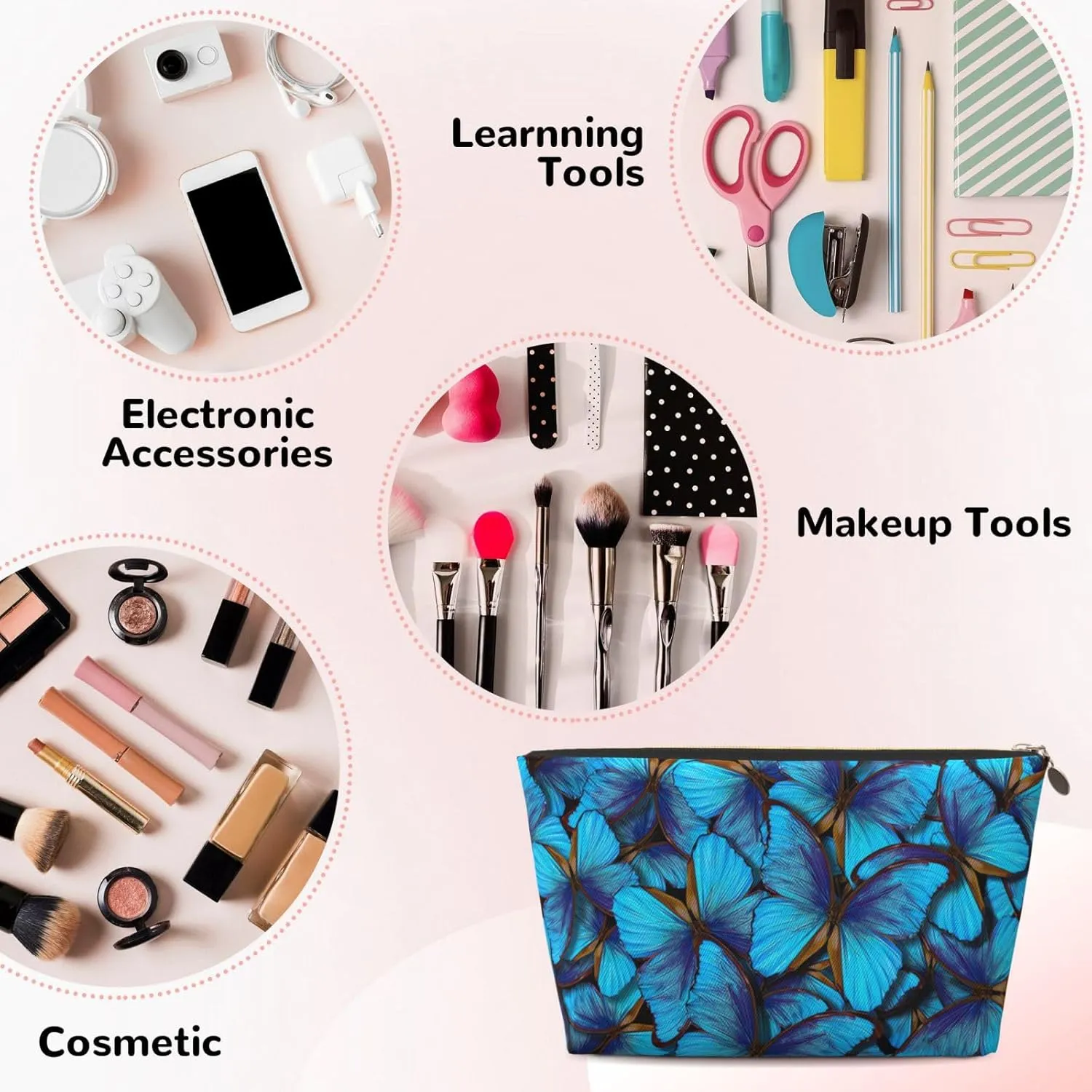 Portable Makeup Bag Zipper Pouch Travel Make up Organizer Bag Toiletry bag Water-resistant Aesthetic PVC Leather Cosmetic Bags for Women and Girls with Blue Butterfly