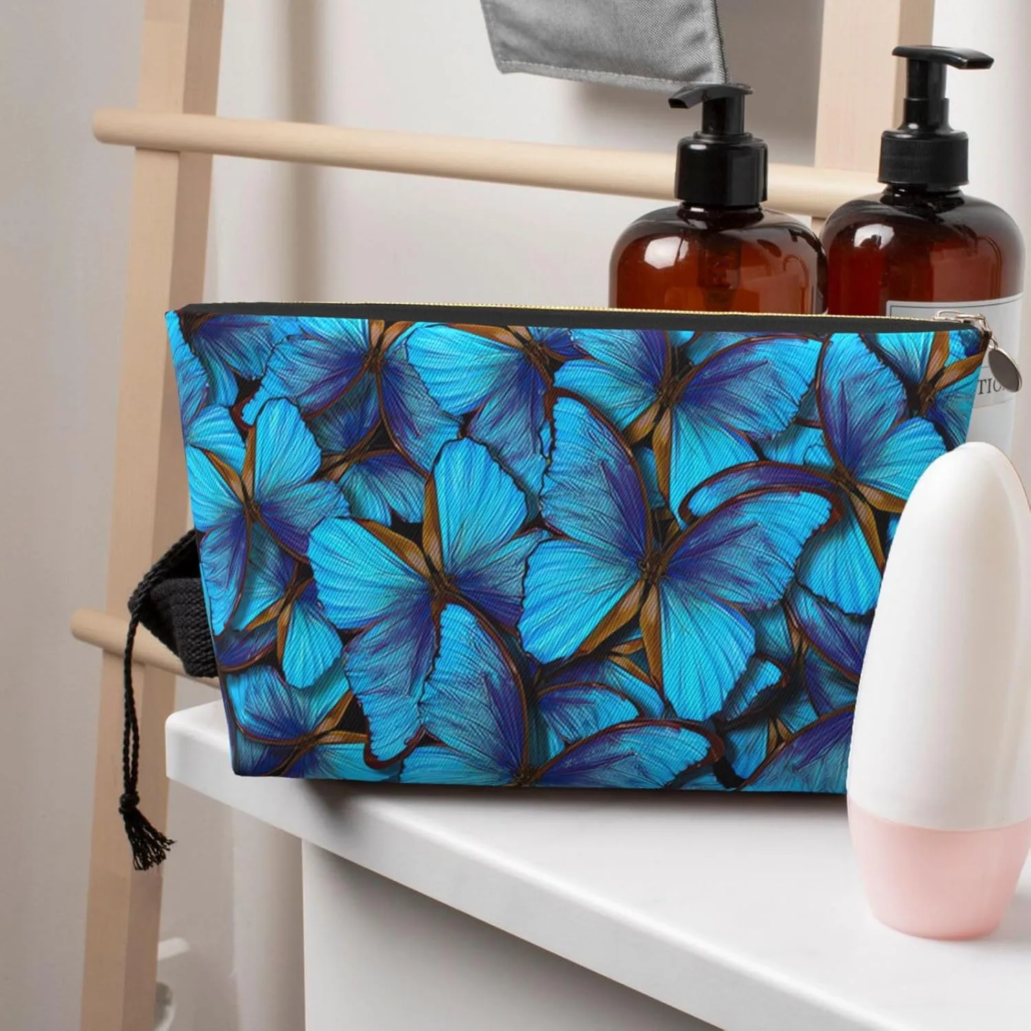 Portable Makeup Bag Zipper Pouch Travel Make up Organizer Bag Toiletry bag Water-resistant Aesthetic PVC Leather Cosmetic Bags for Women and Girls with Blue Butterfly