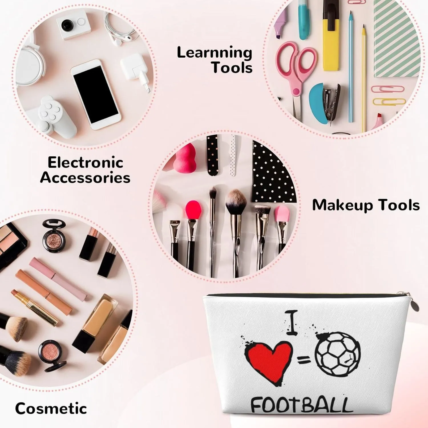 Portable Makeup Bag Zipper Pouch Travel Make up Organizer Bag Toiletry bag Water-resistant Aesthetic PVC Leather Cosmetic Bags for Women and Girls with I Love Football